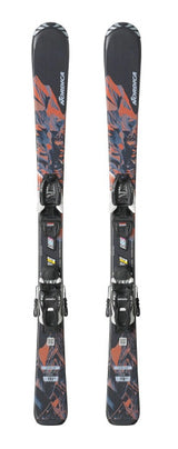 Nordica Team AM junior skis in black with orange and blue graphics, top view of the pair with bindings, in the 70-90 cm lengths.