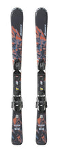 Nordica Team AM junior skis in black with orange and blue graphics, top view of the pair with bindings, in the 70-90 cm lengths.