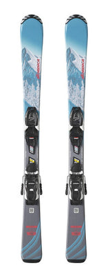 Nordica Team G junior skis in light blue and gray with a mountain graphic, top view of the pair with bindings, in the 70-90 cm lengths.