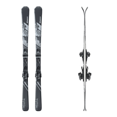 Nordica Wild Belle 74 skis with TP2 Compact 10 bindings, top view of the black and white pair and an end-on view. Available at Willi's Ski Shop.