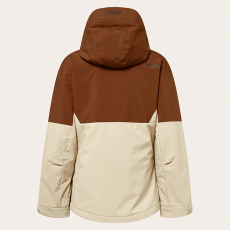 Oakley Tnp Tbt Womens Anorak Jacket ski jacket -- Hummus colorway front view on model with hood and cuffs