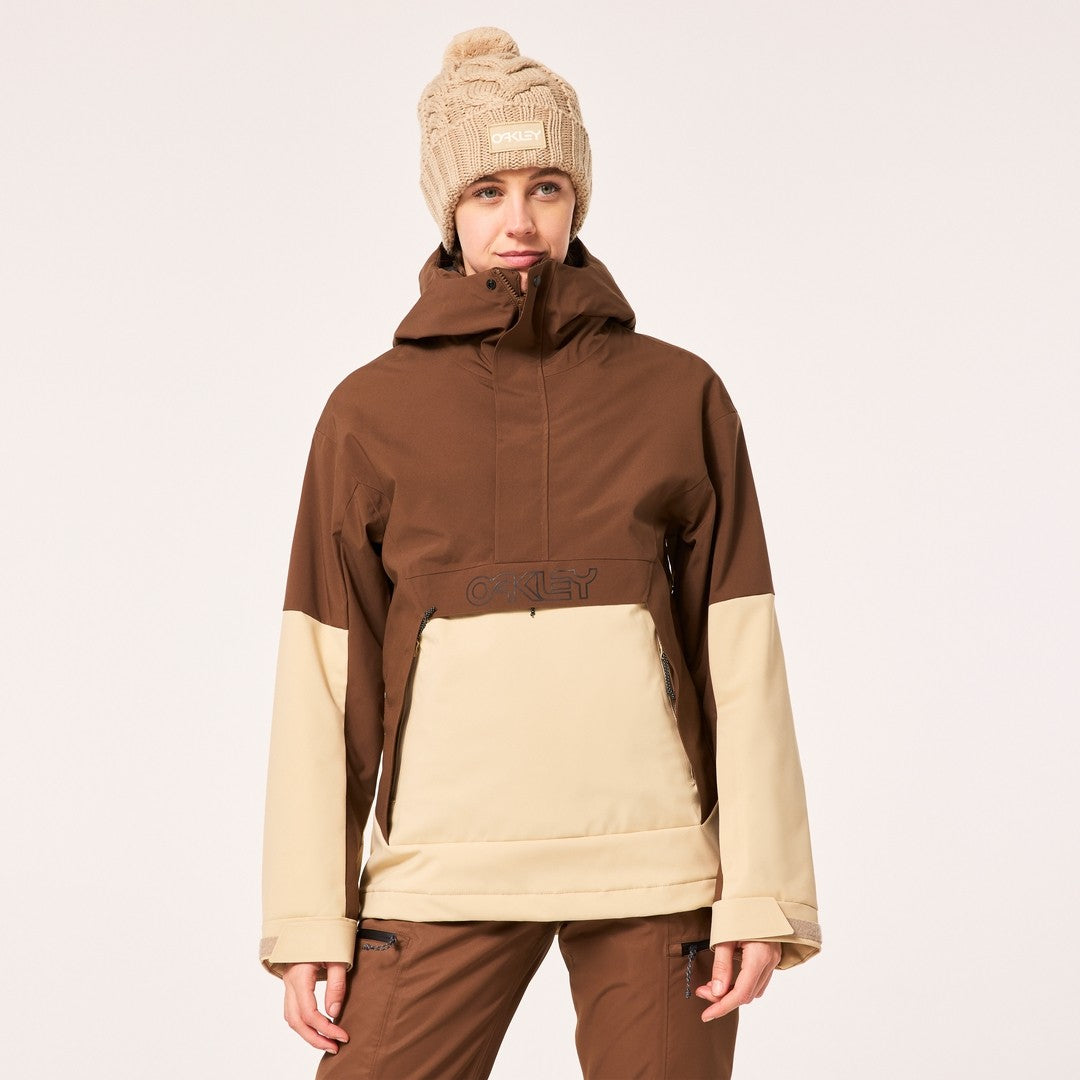 Oakley Tnp Tbt Womens Anorak Jacket ski jacket -- Hummus colorway outside profile showing zippered pockets and seams