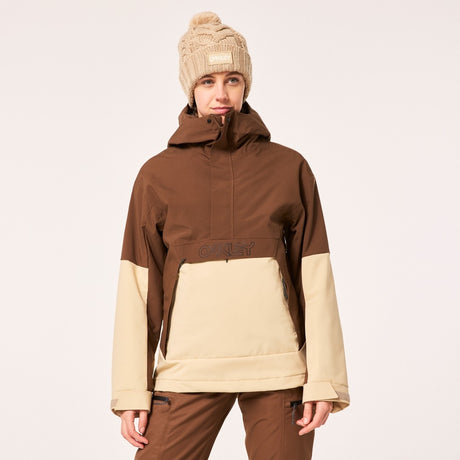 Oakley Tnp Tbt Womens Anorak Jacket ski jacket -- Hummus colorway outside profile showing zippered pockets and seams