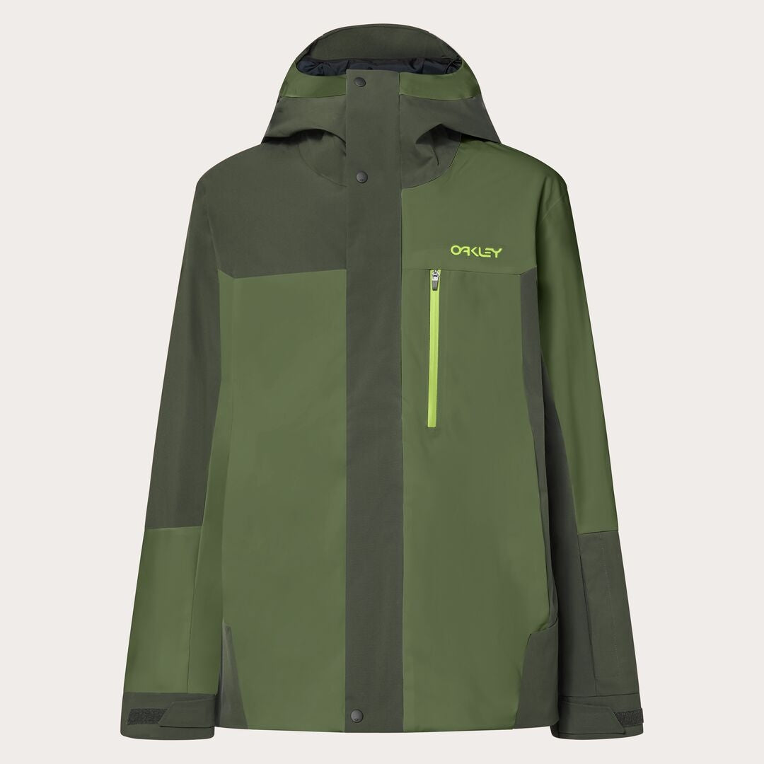 Oakley Tnp Tbt Insulated Mens Jacket ski jacket -- front view on model showing insulated shell and hood at Willis Ski and