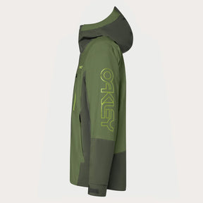Oakley Tnp Tbt Insulated Mens Jacket ski jacket -- New Dark Brush colorway front view on model with hood and cuffs