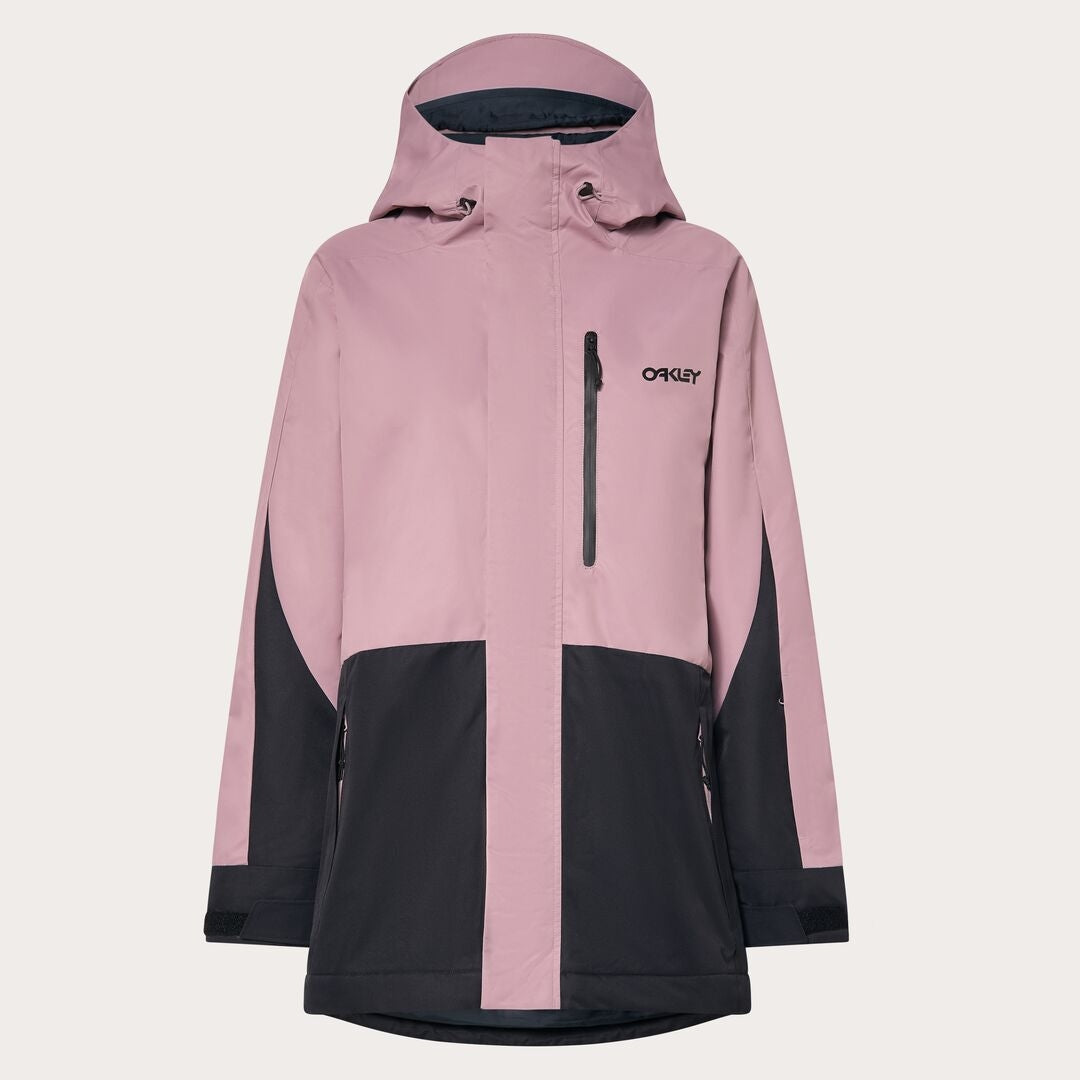 Oakley Tnp Tbt Insulated Womens Jacket ski jacket -- front view on model showing insulated shell and hood at Willis Ski and