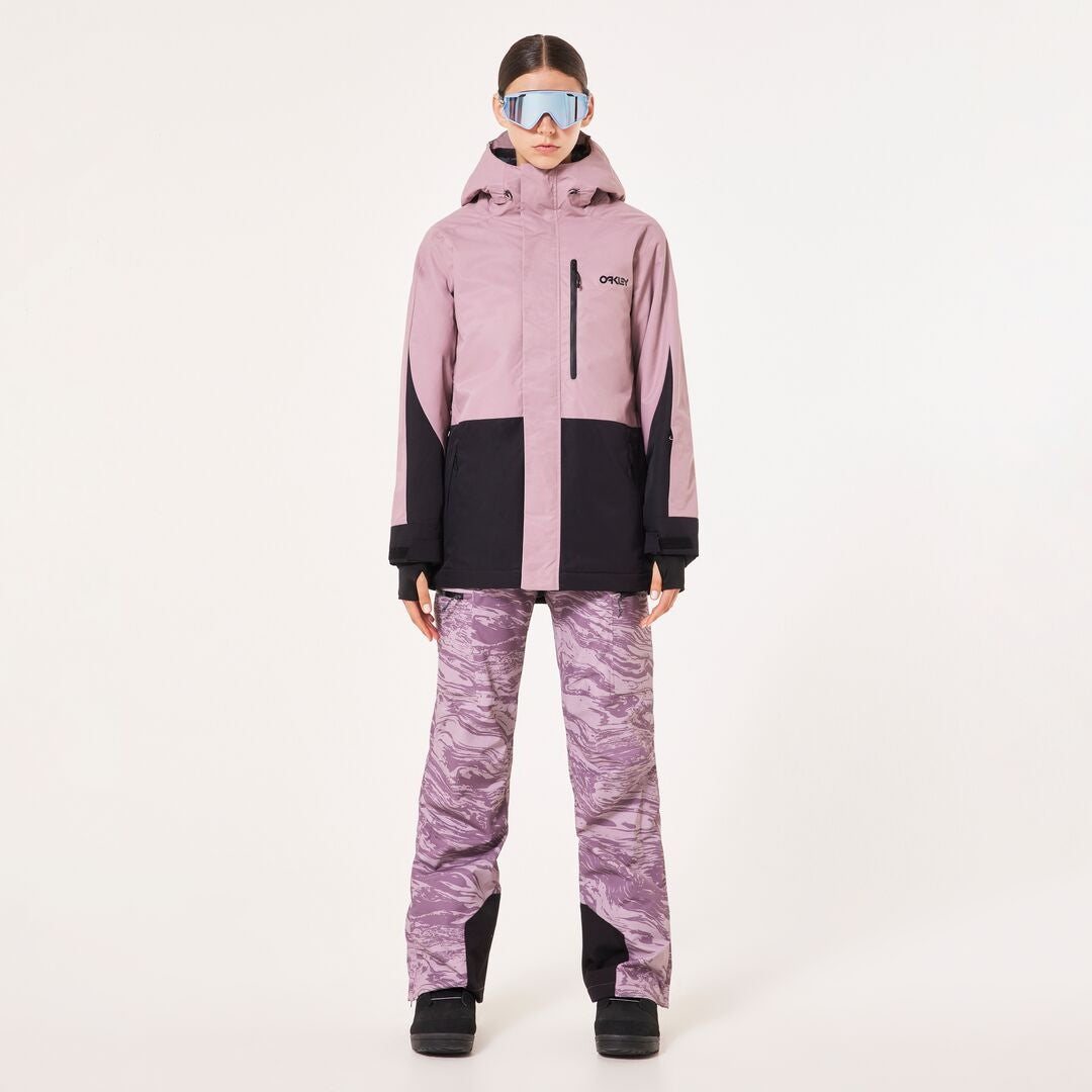 Oakley Tnp Tbt Insulated Womens Jacket ski jacket -- Toadstool colorway front view on model with hood and cuffs