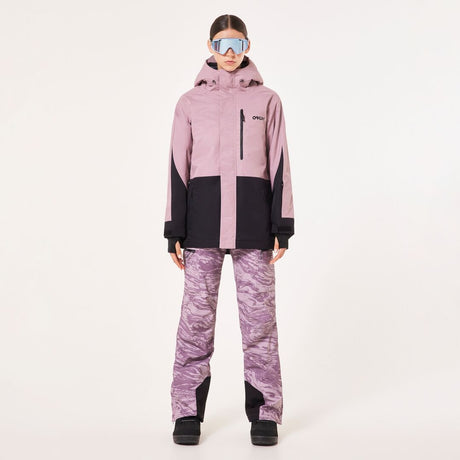Oakley Tnp Tbt Insulated Womens Jacket ski jacket -- Toadstool colorway front view on model with hood and cuffs