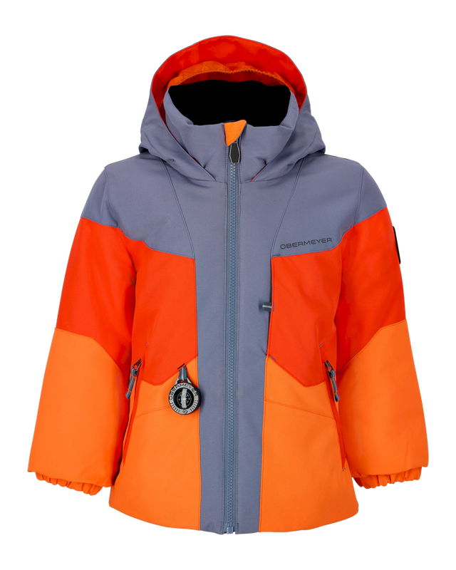 Obermeyer Altair toddler jacket in orange, red and gray color blocks, front view with the hood up and a zip front. Come in to Willi's Ski and Board.