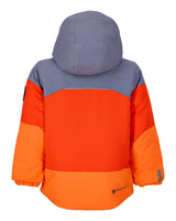 Obermeyer Altair Toddler Jacket 2026 ski jacket -- Just Orange 2 colorway front view on model with hood and cuffs