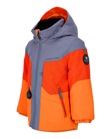 Obermeyer Altair Toddler Jacket 2026 ski jacket -- Just Orange 3 colorway front view on model with hood and cuffs