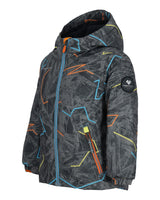 Obermeyer Ashor Toddler Jacket ski jacket -- Electric Trails 3 colorway front view on model with hood and cuffs