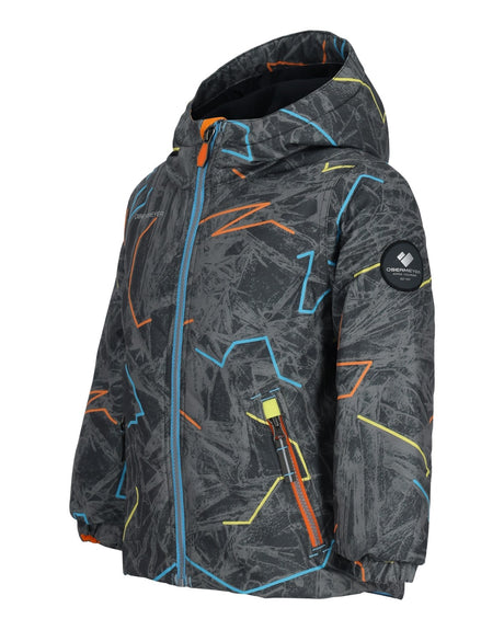 Obermeyer Ashor Toddler Jacket ski jacket -- Electric Trails 3 colorway front view on model with hood and cuffs