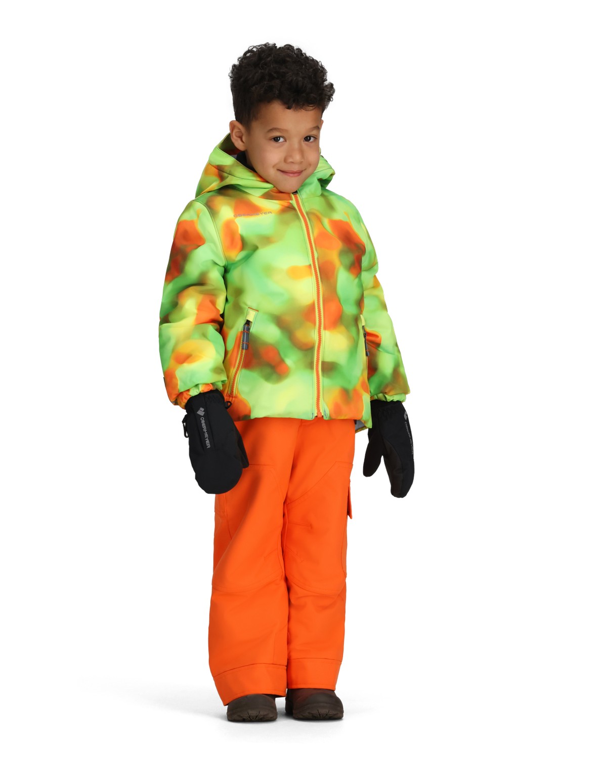 Obermeyer Ashor Toddler Jacket 2026 ski jacket -- Lime Slime 4 colorway outside profile showing zippered pockets and seams