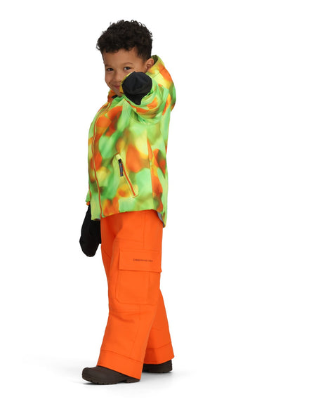 Obermeyer Ashor Toddler Jacket 2026 ski jacket -- Lime Slime 5 colorway back view showing articulated powder skirt and fit