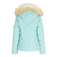 Obermeyer Bombshell Womens Jacket ski jacket -- La Paz Blue 12 P colorway front view on model with hood and cuffs