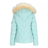 Obermeyer Bombshell Womens Jacket ski jacket -- La Paz Blue 12 P colorway front view on model with hood and cuffs