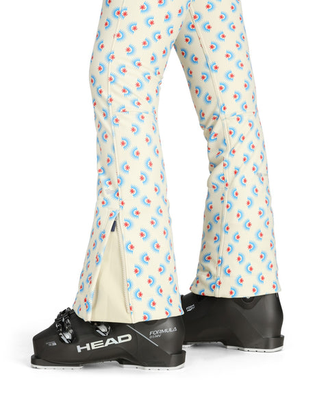 Obermeyer Bond Print Womens Pant 2026 ski pant -- Bali Sun colorway side view showing side zip ventilation