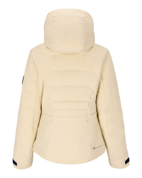 Obermeyer Cosima Down Womens Jacket 2026 ski jacket -- Bone colorway front view on model with hood and cuffs