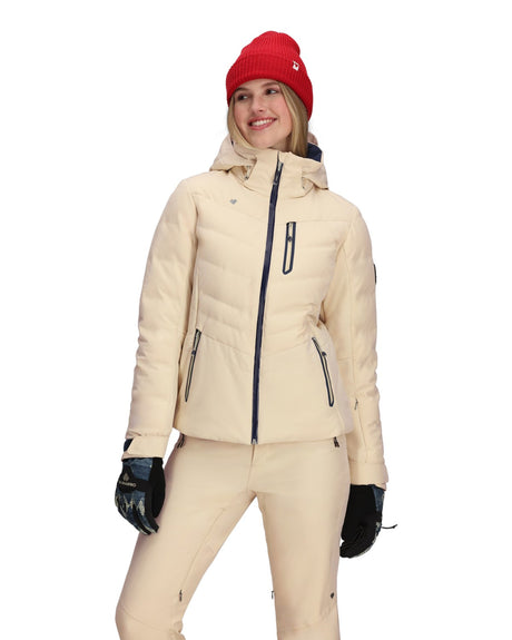 Obermeyer Cosima Down Womens Jacket 2026 ski jacket -- Bone colorway front view on model with hood and cuffs