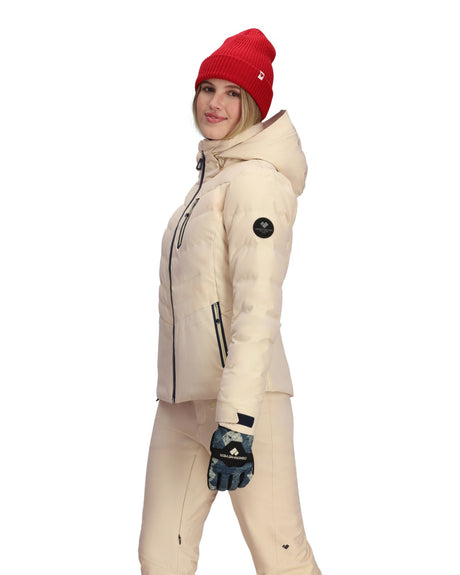 Obermeyer Cosima Down Womens Jacket 2026 ski jacket -- Bone colorway back view showing articulated powder skirt and fit