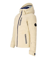Obermeyer Cosima Down Womens Jacket 2026 ski jacket -- Bone colorway detail view of hood lining and wrist cuff design