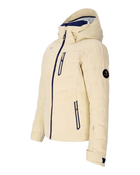 Obermeyer Cosima Down Womens Jacket 2026 ski jacket -- Bone colorway detail view of hood lining and wrist cuff design