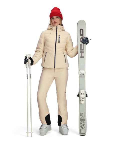 Obermeyer Cosima Down Womens Jacket 2026 ski jacket -- Bone 4 colorway lifestyle view showing full jacket silhouette