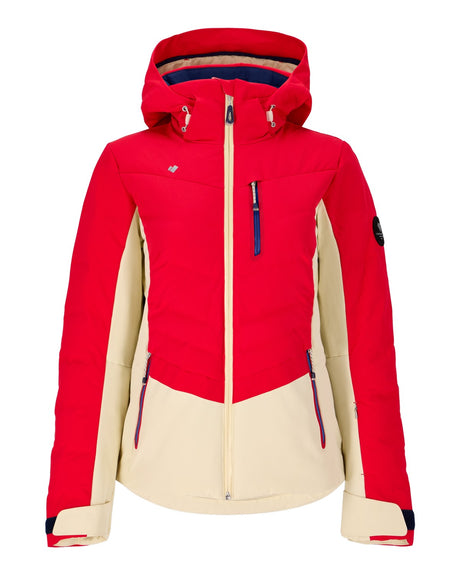 Obermeyer Cosima Down Womens Jacket 2026 ski jacket -- Ski Patrol colorway front view on model with hood and cuffs