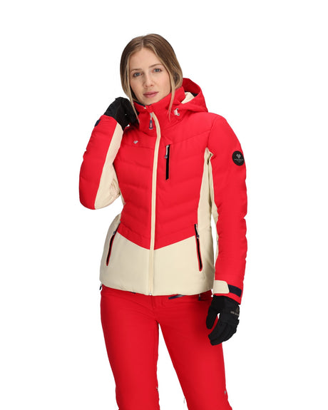 Obermeyer Cosima Down Womens Jacket 2026 ski jacket -- Ski Patrol colorway lifestyle view showing full jacket silhouette