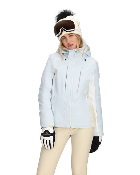 Obermeyer Glade Womens Jacket 2026 ski jacket -- Daylight Blue 12 P colorway front view on model with hood and cuffs