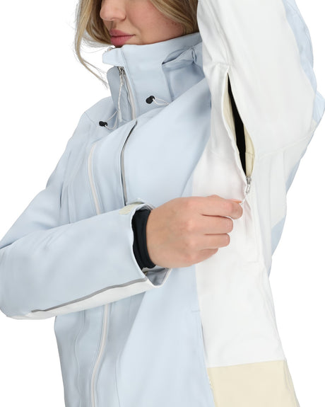 Obermeyer Glade Womens Jacket 2026 ski jacket -- Daylight Blue 8 P colorway detail view of hood lining and wrist cuff design