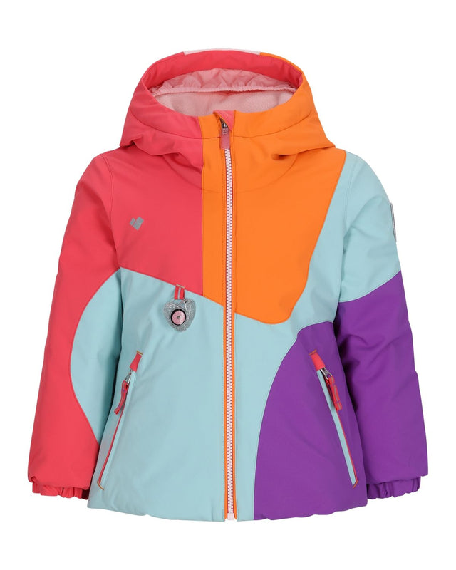 Obermeyer Livia Toddler Jacket ski jacket -- front view on model showing insulated shell and hood at Willis Ski and Board