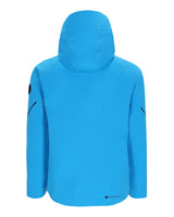Obermeyer Raze Mens Jacket ski jacket -- Apres Blue colorway front view on model with hood and cuffs