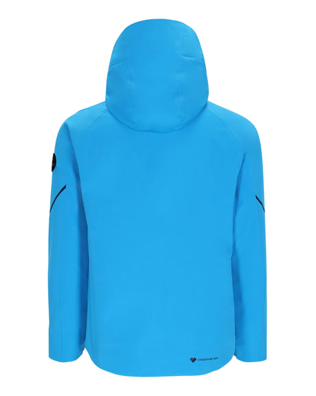 Obermeyer Raze Mens Jacket ski jacket -- Apres Blue colorway front view on model with hood and cuffs