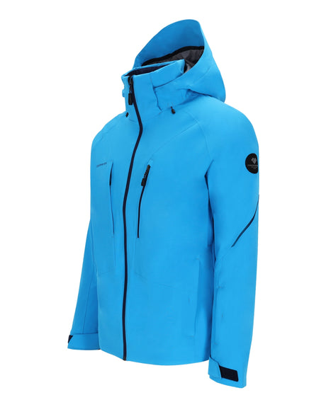 Obermeyer Raze Mens Jacket ski jacket -- Apres Blue colorway front view on model with hood and cuffs