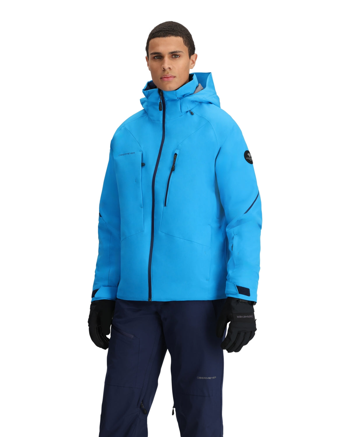 Obermeyer Raze Mens Jacket ski jacket -- Apres Blue colorway back view showing articulated powder skirt and fit