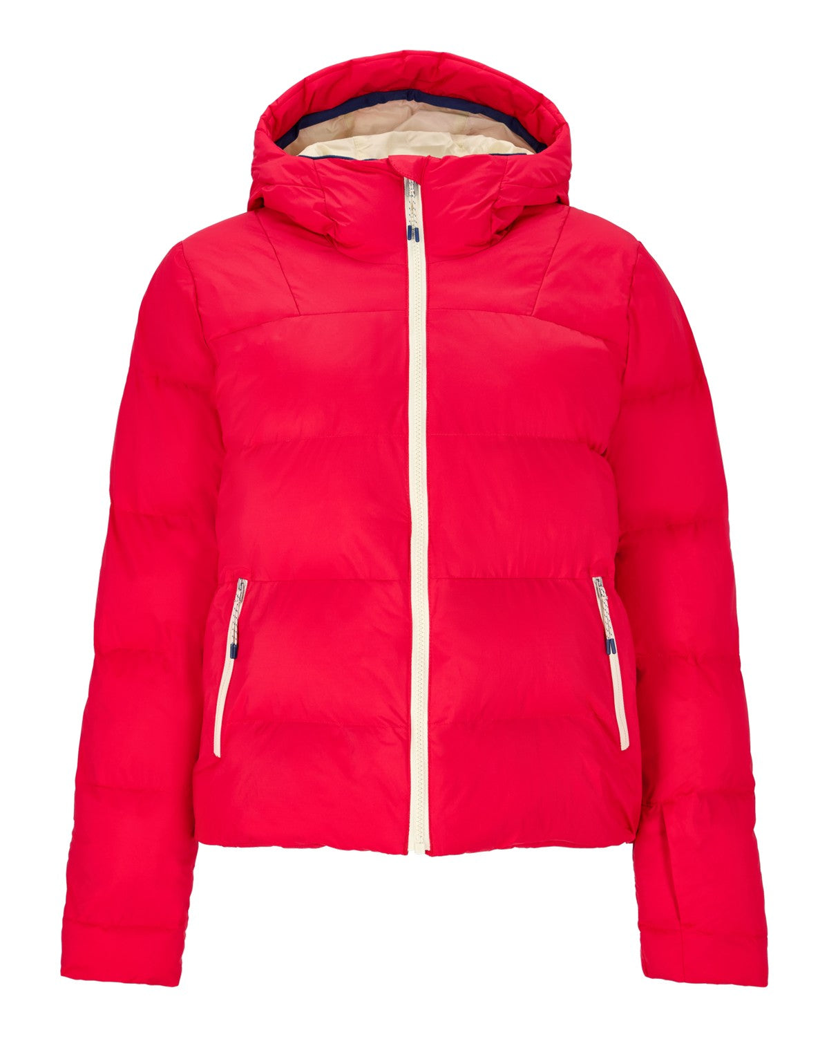 Obermeyer Slopeside Puffer Womens Jacket 2026 ski jacket -- Bali Sun colorway front view on model with hood and cuffs