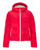 Obermeyer Slopeside Puffer Womens Jacket 2026 ski jacket -- Bali Sun colorway front view on model with hood and cuffs