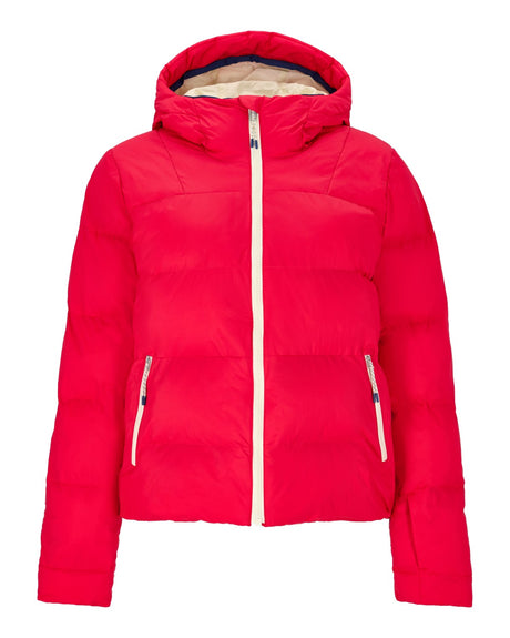 Obermeyer Slopeside Puffer Womens Jacket 2026 ski jacket -- Bali Sun colorway front view on model with hood and cuffs