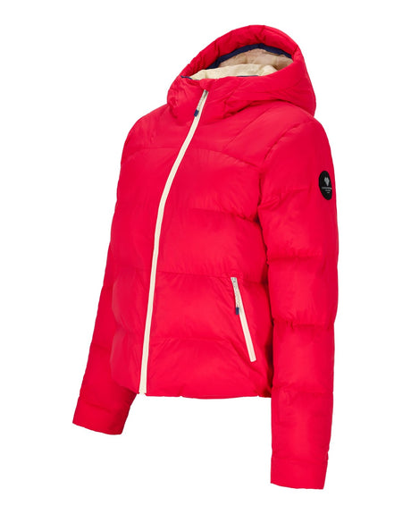 Obermeyer Slopeside Puffer Womens Jacket 2026 ski jacket -- Bali Sun colorway front view on model with hood and cuffs