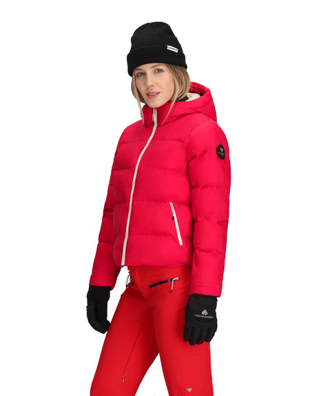 Obermeyer Slopeside Puffer Womens Jacket 2026 ski jacket -- Bali Sun 2 colorway back view showing articulated powder skirt
