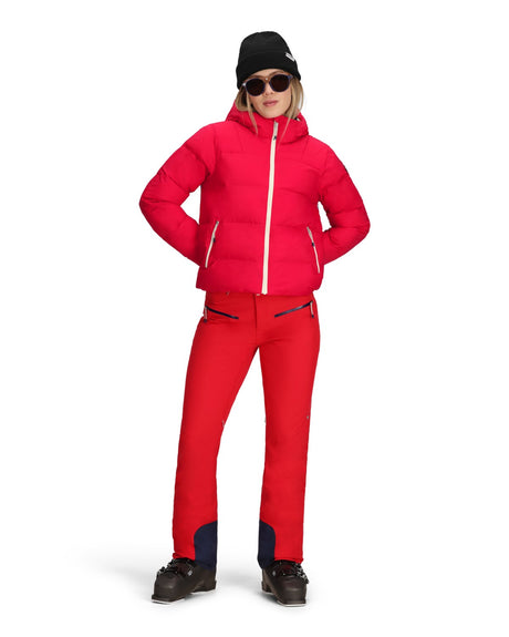 Obermeyer Slopeside Puffer Womens Jacket 2026 ski jacket -- Bali Sun 4 colorway detail view of hood lining and wrist cuff