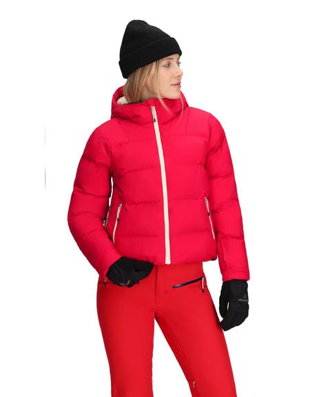 Obermeyer Slopeside Puffer Womens Jacket 2026 ski jacket -- Bali Sun 6 colorway lifestyle view showing full jacket silhouette