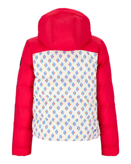 Obermeyer Slopeside Puffer Womens Jacket 2026 ski jacket -- Bali Sun 8 colorway front view on model with hood and cuffs