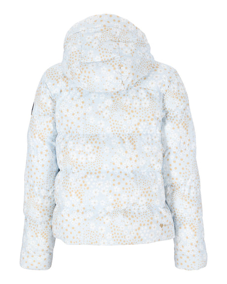 Obermeyer Slopeside Puffer Womens Jacket 2026 ski jacket -- Daylight Meadow colorway lifestyle view showing full jacket