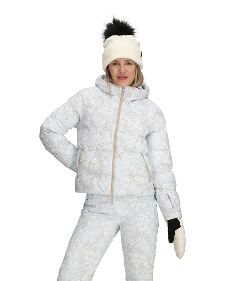 Obermeyer Slopeside Puffer Womens Jacket 2026 ski jacket -- Daylight Meadow colorway lifestyle view showing full jacket