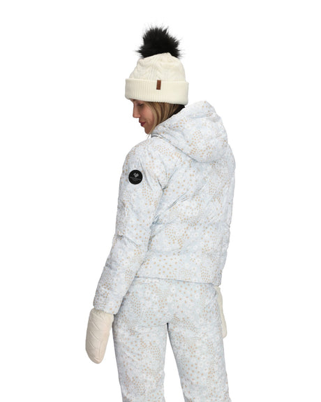 Obermeyer Slopeside Puffer Womens Jacket 2026 ski jacket -- Daylight Meadow colorway lifestyle view showing full jacket
