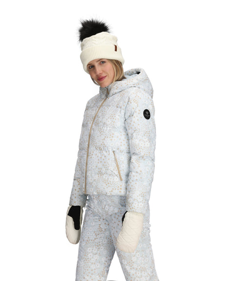 Obermeyer Slopeside Puffer Womens Jacket 2026 ski jacket -- Daylight Meadow 4 colorway lifestyle view showing full jacket