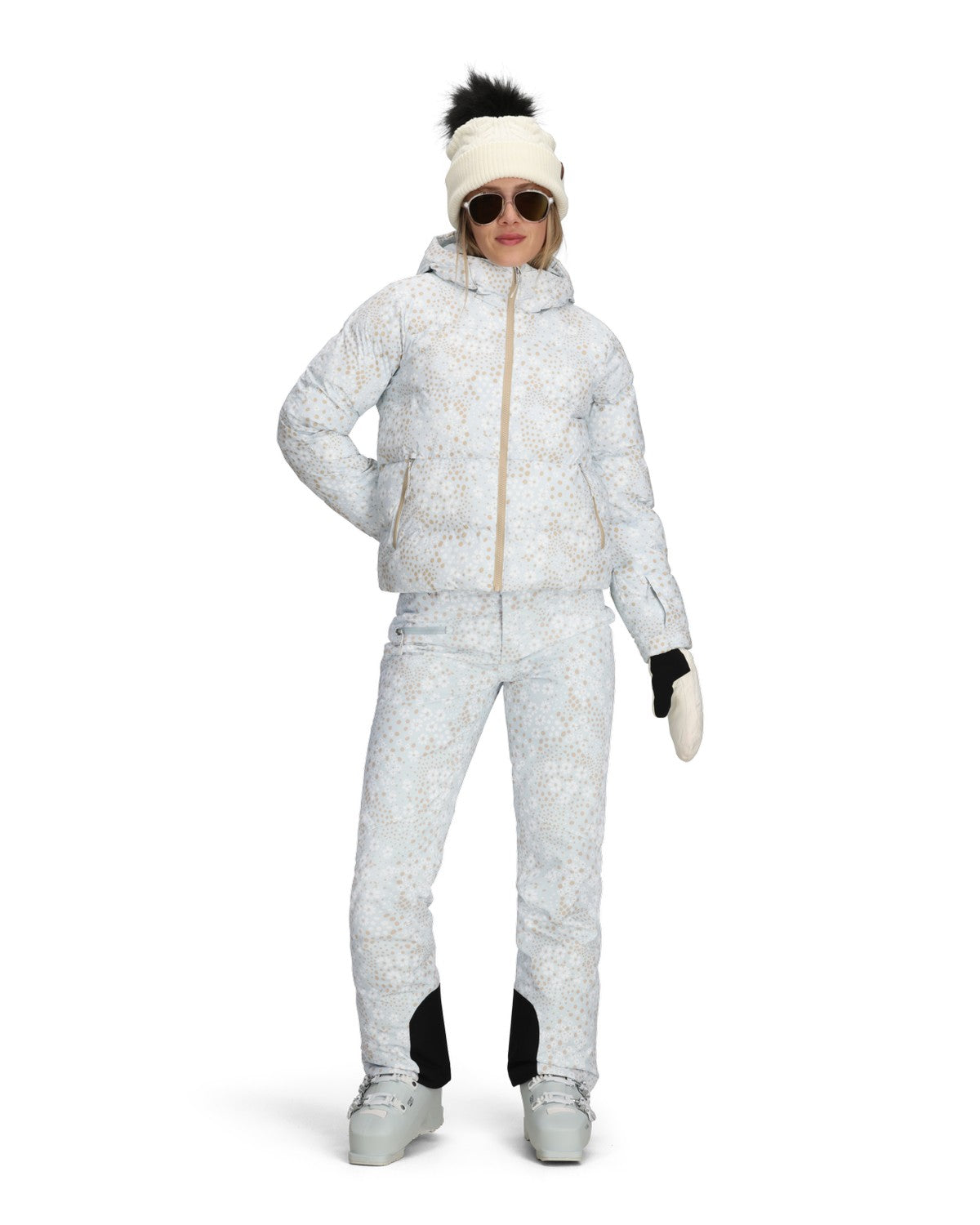 Obermeyer Slopeside Puffer Womens Jacket 2026 ski jacket -- Daylight Meadow 6 colorway lifestyle view showing full jacket